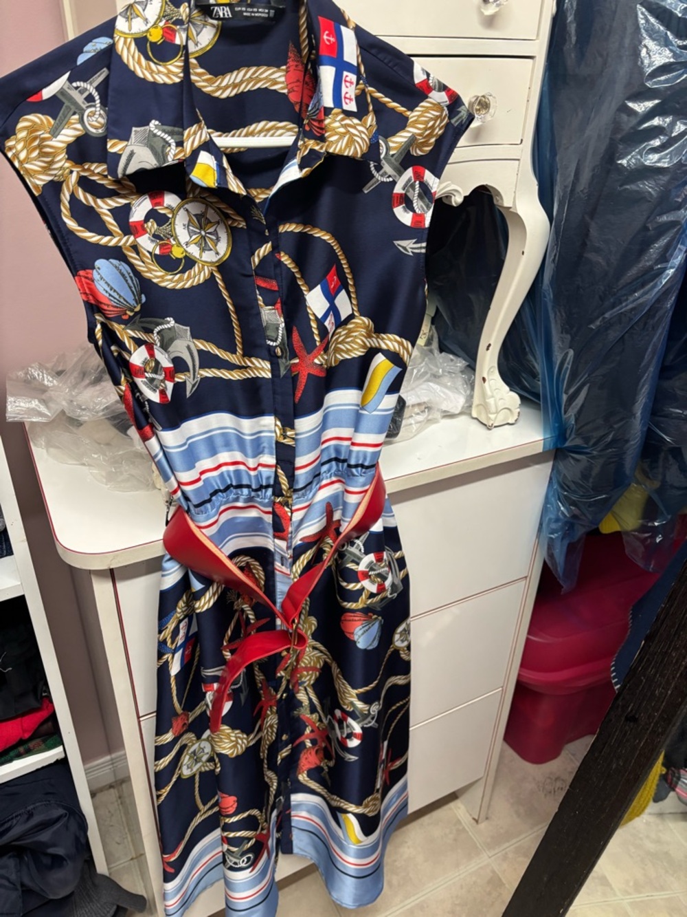 ZARA Navy Nautical Print Midi Dress with Red Belt